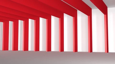 White hall with red beams, camera moving along (3d rendering) Stock Footage 84596143