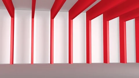 White hall with red beams, camera moving along (3d rendering) Stock Footage 84597308