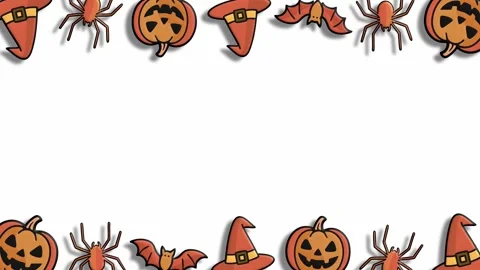 White halloween border with spiders pumpkins and witch hat icons Stock Footage 324856180