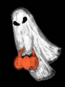 White Halloween Ghost Holding Orange Pumpkin Stock Illustration