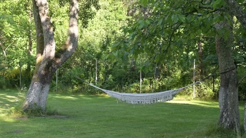 White Hammock Hanging Between Trees in a Serene Summer Garden 스톡 동영상 318511222