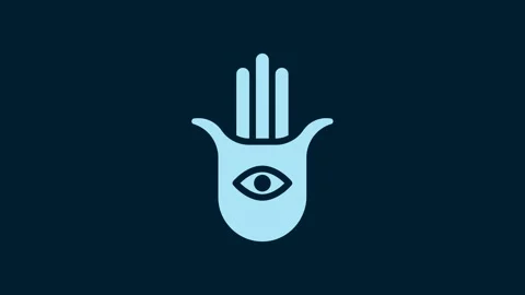 White Hamsa hand icon isolated on blue background. Hand of Fatima - amulet Stock Footage 230061546