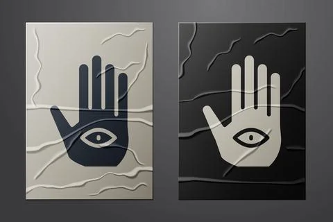 White Hamsa hand icon isolated on crumpled paper background. Hand of Fatima - Illustrazione stock