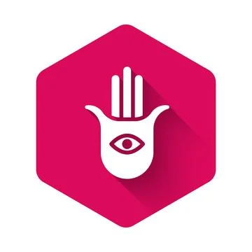 White Hamsa hand icon isolated with long shadow. Hand of Fatima - amulet, sym Stock Illustration