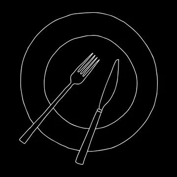 White hand drawing outline flat vector illustration of tableware set isolated on Stock Illustration