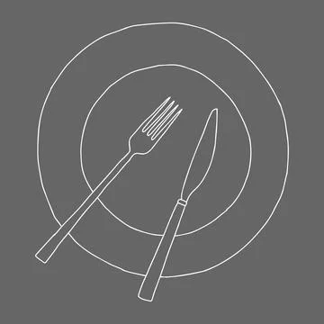 White hand drawing outline flat vector illustration of tableware set isolated on Stock Illustration