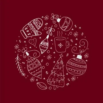 White hand drawn doodle elements in circle on a dark red background. Stock Illustration