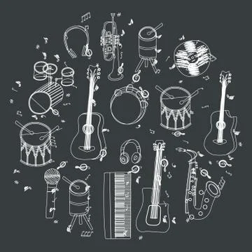 White hand drawn musical instruments in circle Stock Illustration