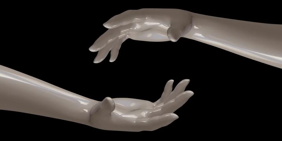 White hands interlocking together black background 3d illustration Illustrazione stock