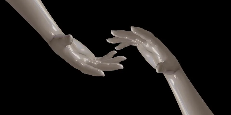 White hands interlocking together black background 3d illustration Illustrazione stock