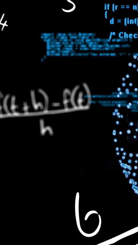 White handwritten math sliding on playback, revealing blue code and pulsing Stock Footage 332904769