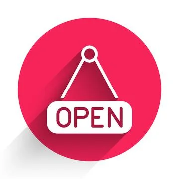 White Hanging sign with text Open door icon isolated with long shadow. Red ci Stock Illustration