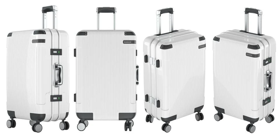 White Hard Shell Suitcase, Multiple Angles. 3D Rendering Stock Illustration