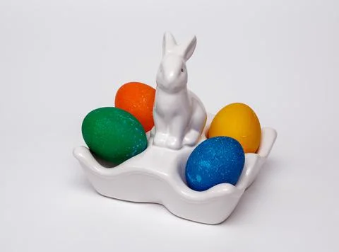 White hare and eggs Easter eggs Stock Photos