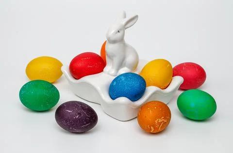 White hare and eggs Easter eggs Stock Photos