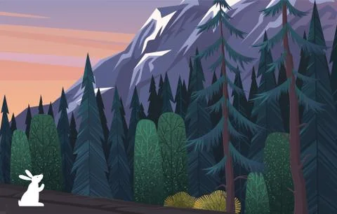 White hare on the edge of coniferous deep gloomy forest. Wild nature and animals Ilustración de archivo
