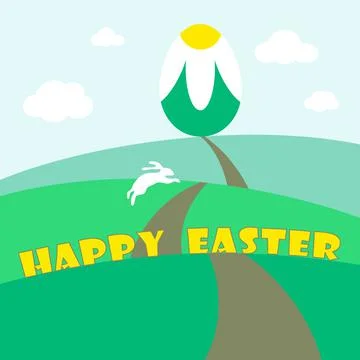 White Hare Running for Huge Easter Egg. Happy Easter Card Illustrazione stock
