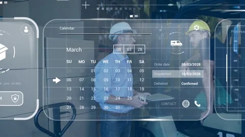 White-hat entering aisle activating AR logistics UI overlaying map calendar Stock Footage 332642169