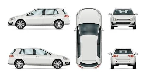 White hatchback car vector mockup side, front, back, top view Stock Illustration