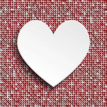 White heart button on red sequin background. Stock Illustration
