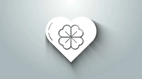 White Heart with four leaf clover icon isolated on grey background. Happy Saint Stock Footage 145731582