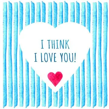 White heart shape on blue stripe painted in watercolor. Phrase I think love.. Illustrazione stock