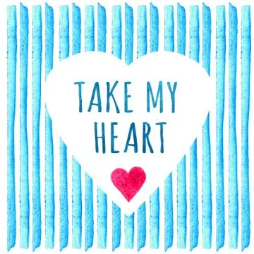 White heart shape on blue stripe painted in watercolor. Greeting cards teml.. Stock Illustration