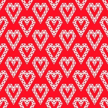 White heart shapes made by triangles seamless pattern on red vector backgroun Illustrazione stock