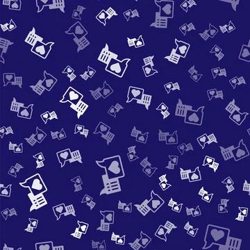 White Heart in speech bubble icon isolated seamless pattern on blue background Stock Illustration