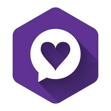 White Heart in speech bubble icon isolated with long shadow. Heart shape in Stock Illustration