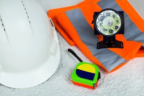 White Helmet with work tools Foto stock