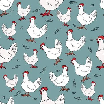 White hen rural seamless vector pattern. Farm birds simple rustic background 스톡 일러스트