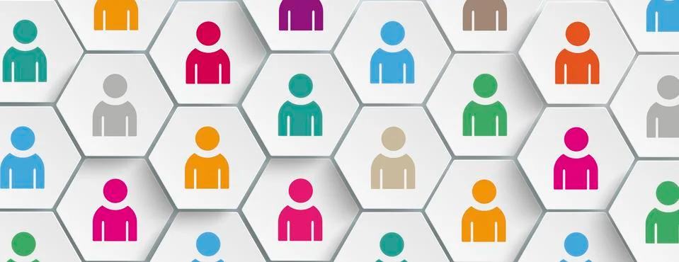 White Hexagon Colored Humans Structure Background Header Stock Illustration