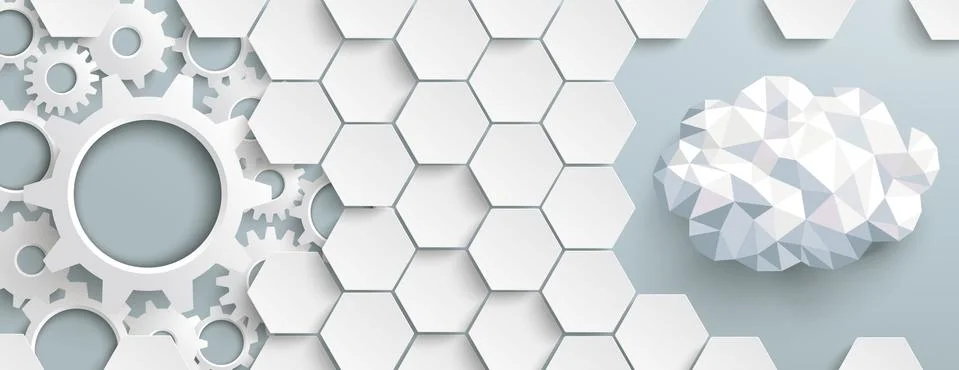White Hexagon Structure Gears LowPoly Cloud Header Stock Illustration