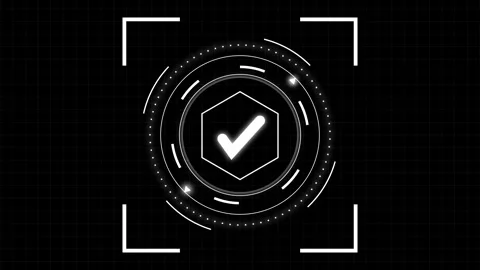 White Hexagon Target with Icon and Circular HUD Elements on Black Grid inte.. Stock Footage 340998232