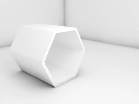 White hexagonal installation in empty interior, 3 d Stock Illustration
