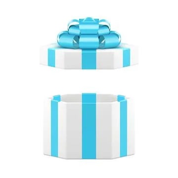 White hexagonal open gift box with luxury blue bow ribbon 3d icon realistic.. Illustrazione stock