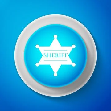 White Hexagonal sheriff star icon isolated on blue background. Sheriff badge Ilustração Stock