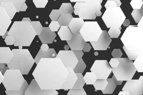White hexagons of random size on black background Stock Illustration