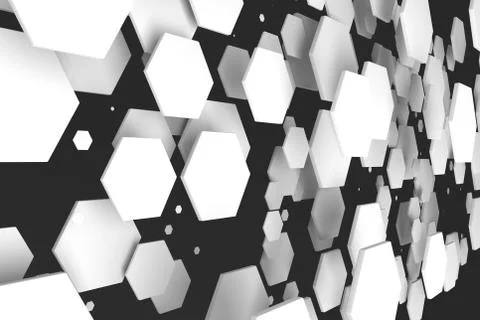 White hexagons of random size on black background Stock Illustration