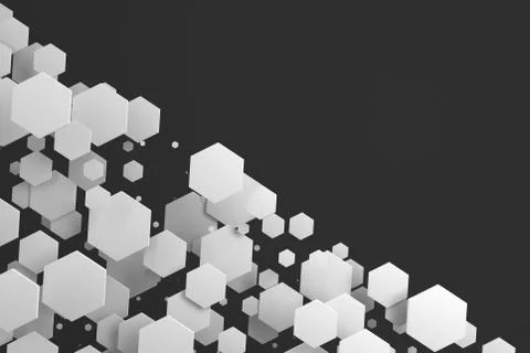 White hexagons of random size on black background Stock Illustration