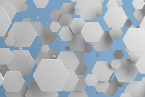 White hexagons of random size on blue background Illustrazione stock