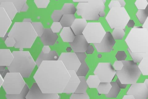 White hexagons of random size on green background Stock Illustration
