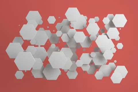 White hexagons of random size on red background Illustrazione stock