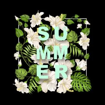 White hibiscus in rectangular pattern with sign Summer over black background. Illustrazione stock