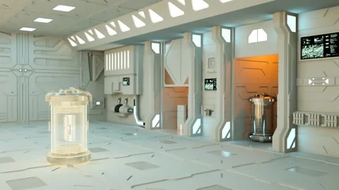 White high tech object being materialized in a lab or space ship Stock Footage 141904377