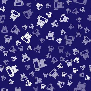 White Hiking backpack icon isolated seamless pattern on blue background. Camping 库存插图