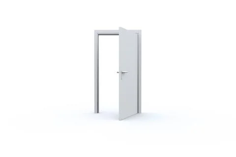 White hinged door is standing half open in flat vector design, showing silver Stock Photos