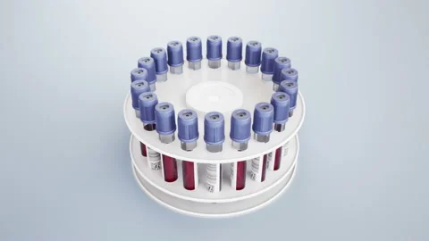 White holder with vacutainers filled with blood samples. 動画素材 106939751