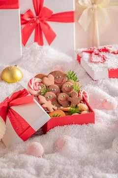 White holiday table layout with snowy ornaments. Stock Photos